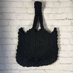 Vintage Womens Black Crochet Woven Purse Handbag Shoulder Bag
